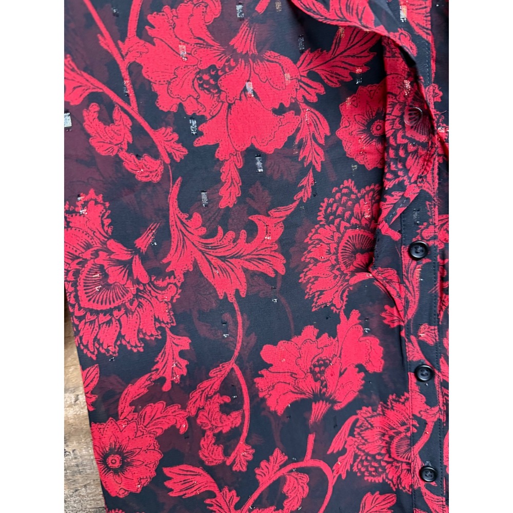 Chico's Carmine Red Ryne Bloom Ruffle Front Blouse Metallic Floral Top Size 3 16 - Picture 3 of 10